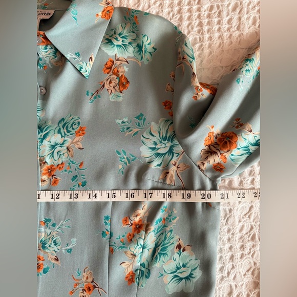 NWT Pendleton Silk Stretch Blouse Teal Gold Floral Button Front Women's Size 14 - Picture 13 of 16